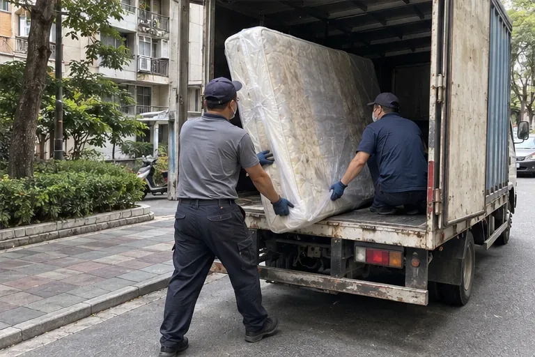 兩名搬運人員在路邊將包覆的床墊裝上一輛無標示貨車；實際清運車輛與到場方式依宜蘭市清潔隊安排。
