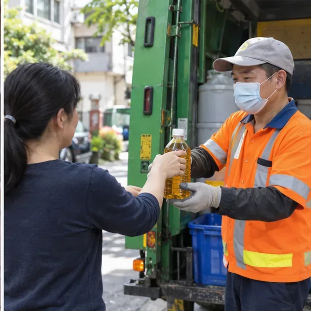 宜蘭街區的清潔隊員從居民手中接過密封好的廢食用油容器