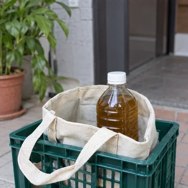 一瓶密封好的廢食用油直立放在提袋與塑膠籃中，準備送往回收點