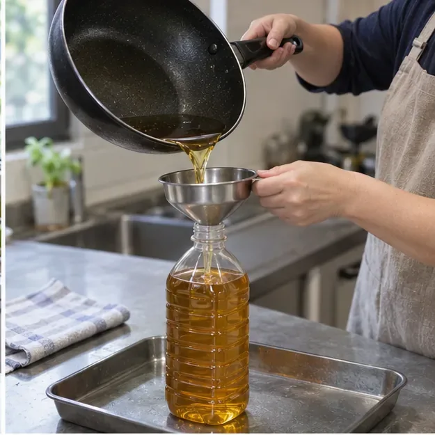 一名戴圍裙的人使用漏斗，把冷卻後的廢食用油倒入可密封容器