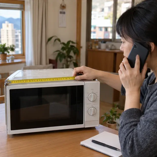 居民一邊量測微波爐寬度，一邊致電清潔隊確認收運方式