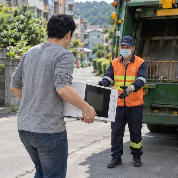 居民將完整的微波爐交給資源回收車旁的清潔人員