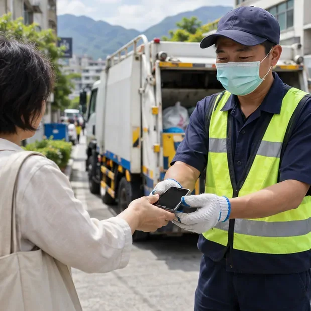 宜蘭街區一名居民將已關機的舊手機交給資源回收車旁的清潔人員。