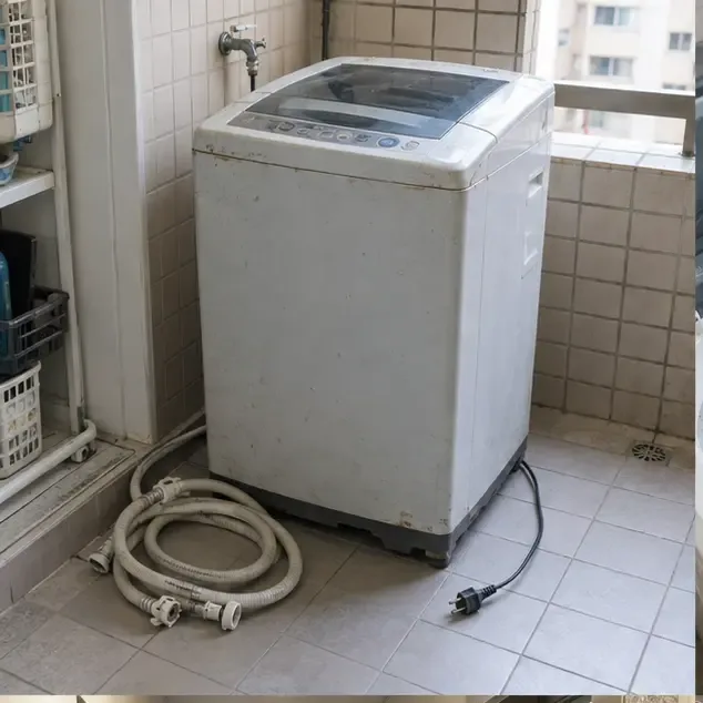 宜蘭住宅陽台內一台已拔除插頭並整理好進水管的舊洗衣機