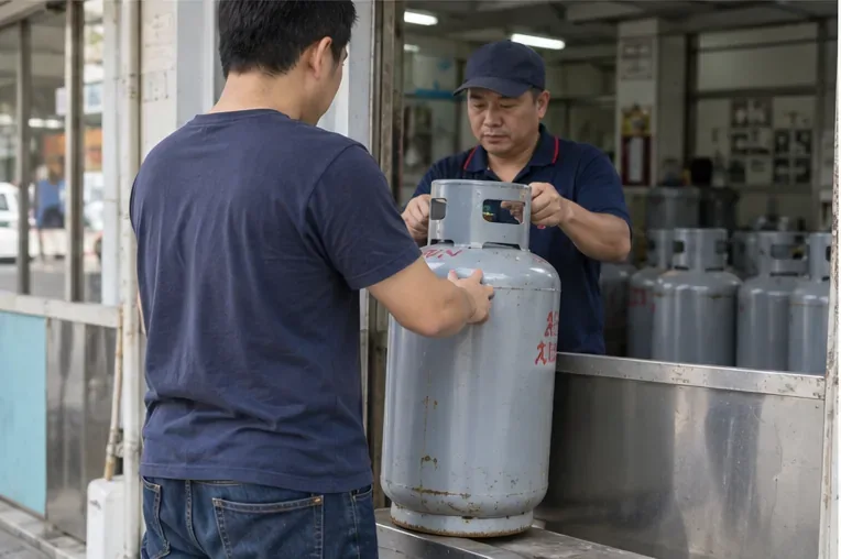 瓦斯行櫃台前，民眾把大型液化石油氣鋼瓶交給工作人員接手處理