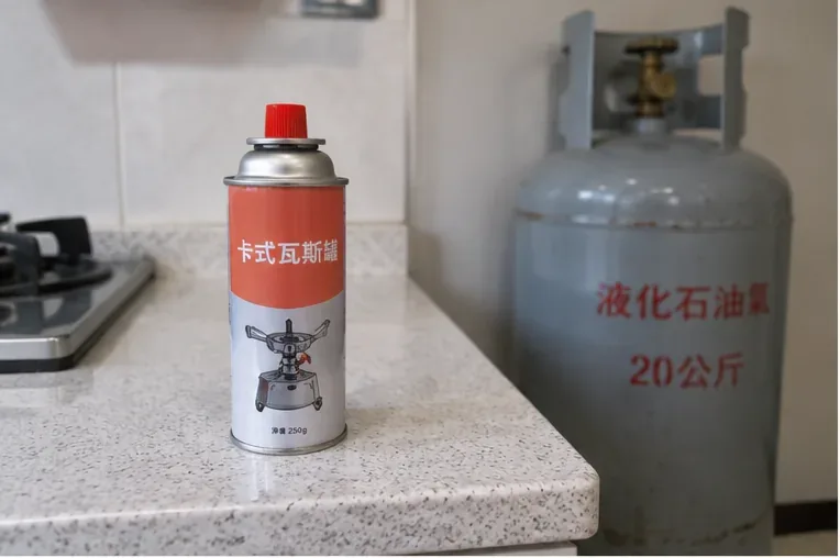 桌面上放著一支卡式瓦斯罐，後方另有一支大型液化石油氣鋼瓶，呈現兩種容器尺寸與用途的差異