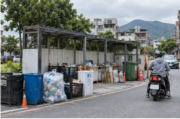 臺灣城市街道旁的資源回收定點區，現場有分類桶、回收袋與遮棚