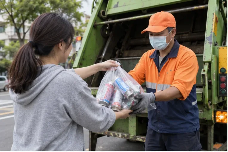 民眾將裝有空卡式瓦斯罐的透明袋親手交給穿著工作服的清運人員