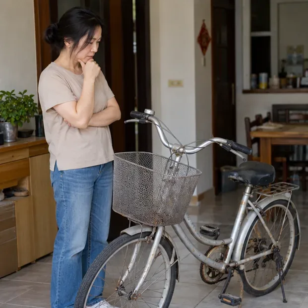 一名女子在家中查看一台舊腳踏車的車架、車籃與輪胎，評估是否仍可使用