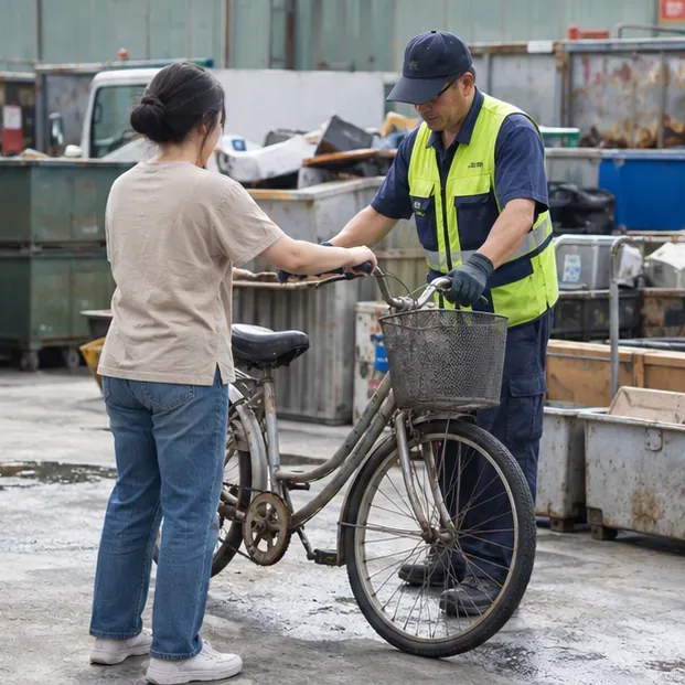 一名居民在回收場把腳踏車交給穿反光背心的工作人員