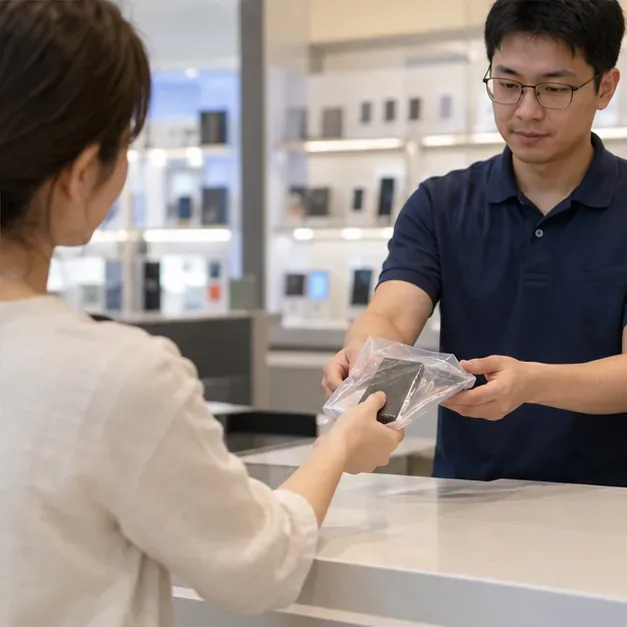 民眾在電子用品店櫃檯將單獨包裝的行動電源交給店員確認