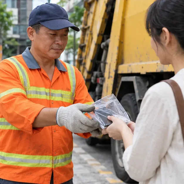 民眾在資源回收車旁向穿橘色反光背心的工作人員交付單獨包裝的行動電源