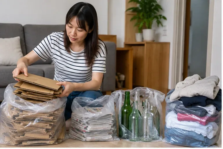 住家內將壓平紙箱、報紙、玻璃瓶與乾淨舊衣分開整理，對應宜蘭市星期一、星期五的沿線回收類別