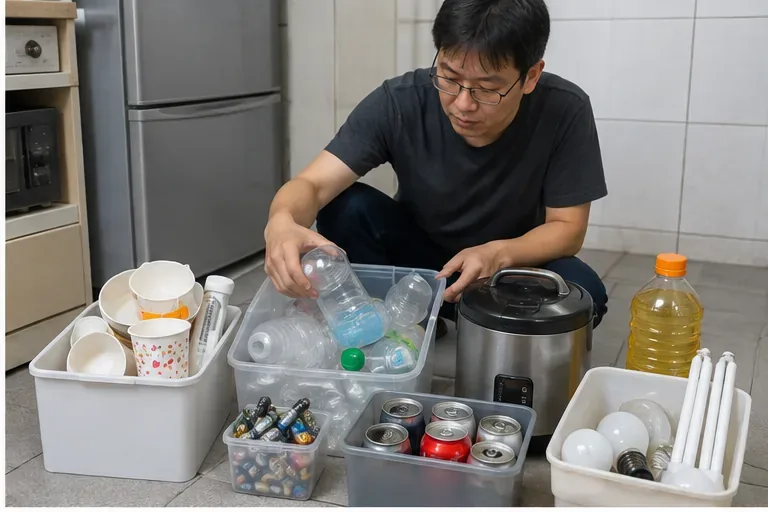 住家內把塑膠瓶、紙容器、廢電池、鐵鋁罐、廢食用油與燈泡燈管分開放置，對應星期二、四、日回收