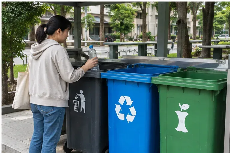 民眾在戶外定點把塑膠瓶放入資源回收容器，旁邊另有一般垃圾與廚餘分類桶