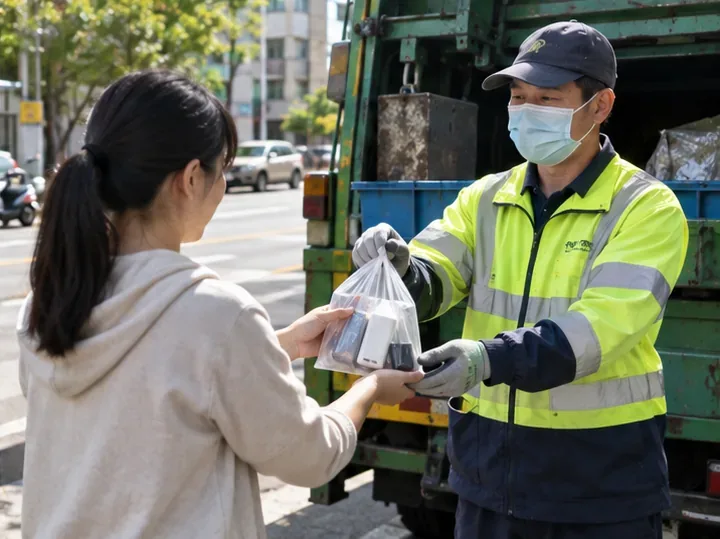 民眾將單獨包裝的電池與行動電源親手交給資源回收車旁的清潔人員