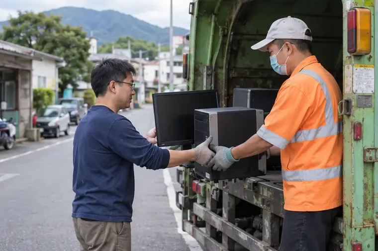 民眾在宜蘭市街道旁將電腦主機與螢幕交給穿著反光制服的清運人員