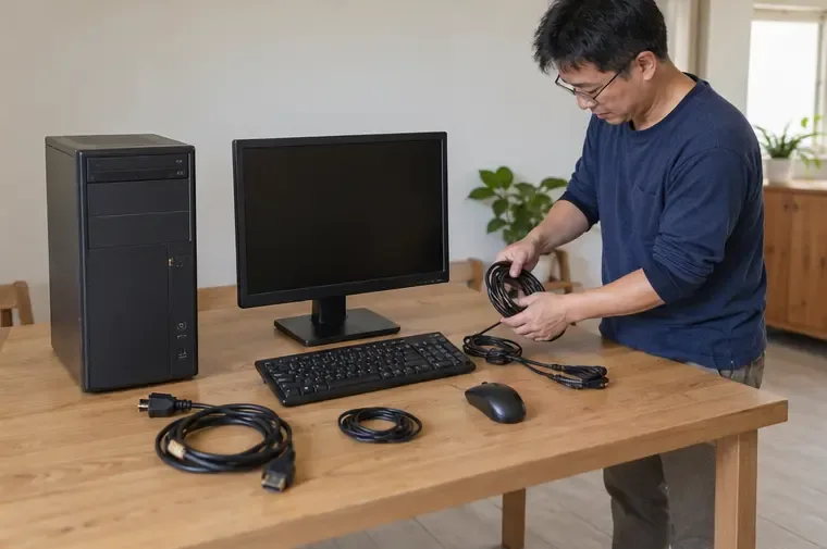 桌上型電腦主機、螢幕、鍵盤、滑鼠與電源線分開放在桌面上