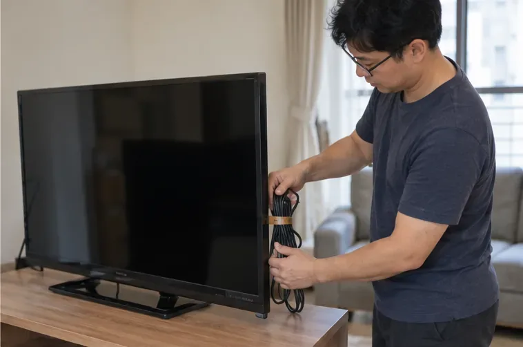 男子在舊液晶電視旁整理並固定已拔除的電源與訊號線