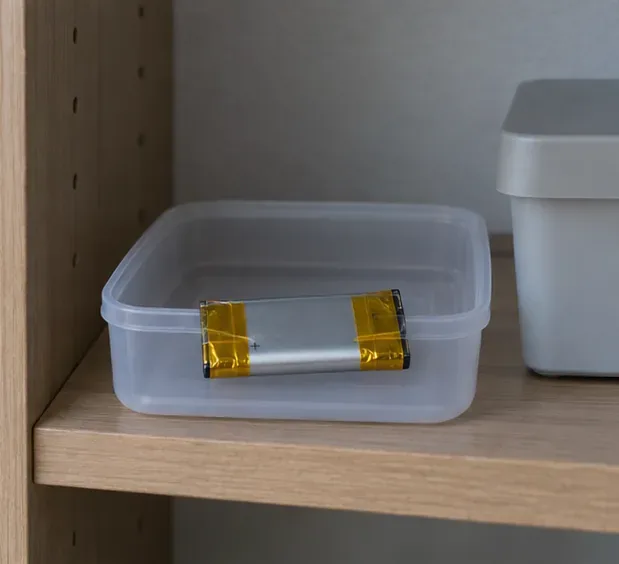 一顆正負極以絕緣膠帶分別覆蓋的鋰電池，單獨放在陰涼處的非金屬容器內。