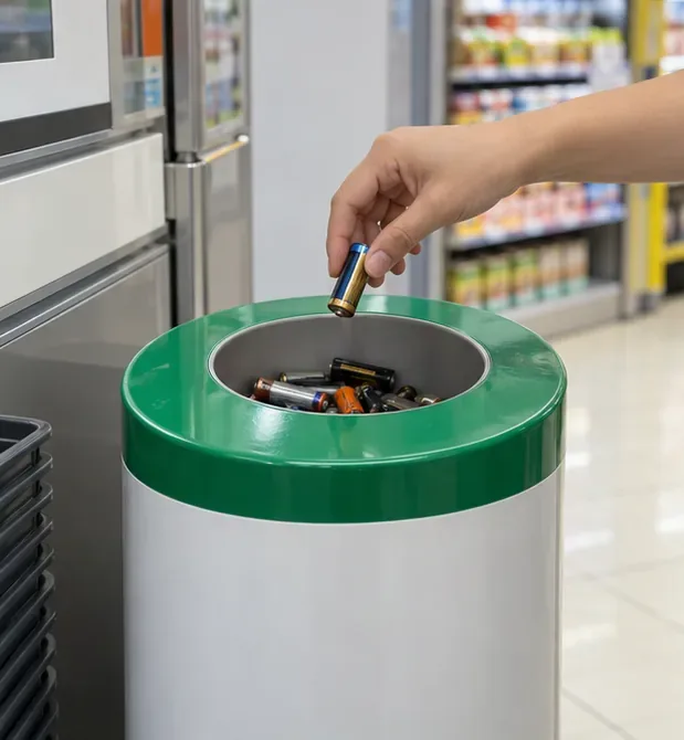 手將一顆乾電池投入商店內的電池回收筒，筒內可見其他待回收電池。