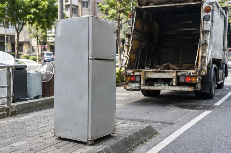 一台舊冰箱放在路旁靠近垃圾清運車的位置，等待依約定方式進行清運