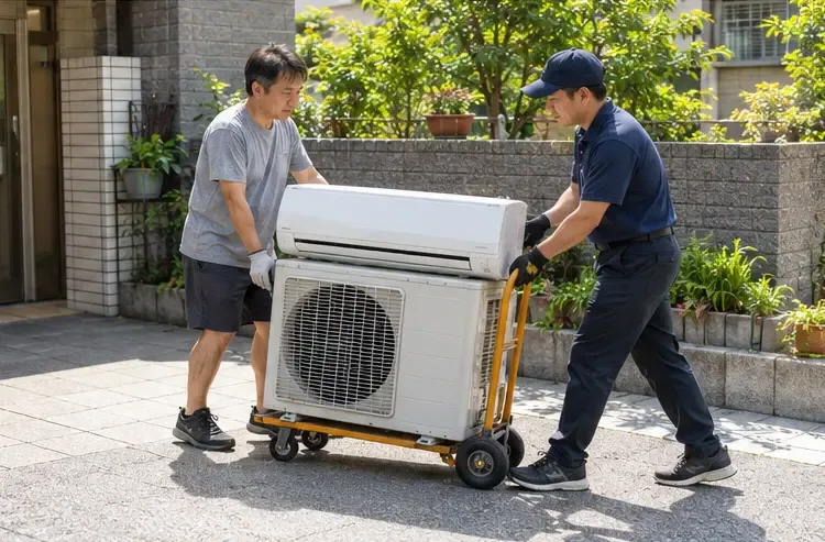 搬運人員以推車運送已拆下並妥善放置的冷氣設備