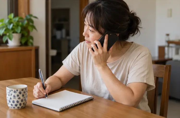 住戶拿著筆記本用手機聯絡清潔隊，記錄舊冷氣預約資訊