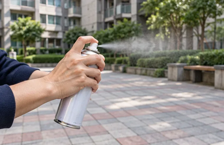 在通風的戶外空曠處，雙手持高壓噴霧罐並朝遠離人的方向按壓噴嘴。