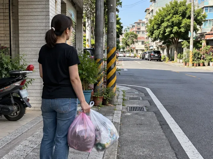 居民提著已分類的垃圾袋，在住宅街道旁等待垃圾車