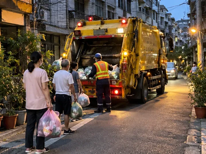 傍晚住宅巷道中，居民依序把垃圾交給垃圾車工作人員