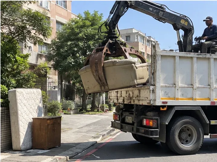 夾子車以液壓夾具吊起舊沙發裝上車斗，旁邊仍有床墊與木櫃等待處理