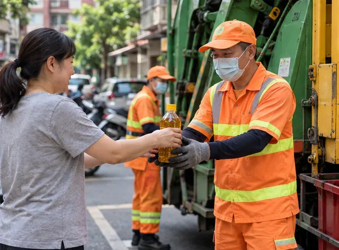 住戶在住宅街道旁將密封的廢食用油瓶交給穿橘色制服的清潔隊員