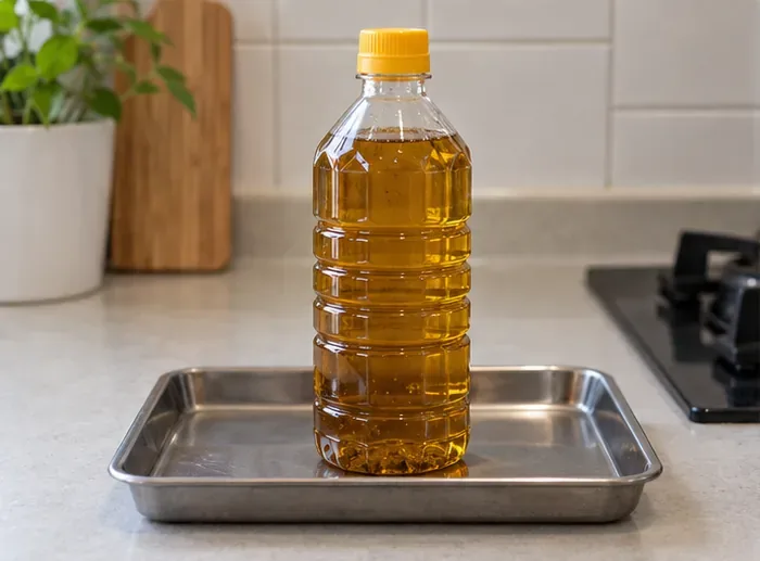 已旋緊瓶蓋的廢食用油直立放在防漏托盤內暫存