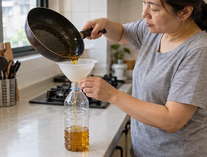 住戶使用漏斗把冷卻後的廢食用油倒入乾淨塑膠瓶