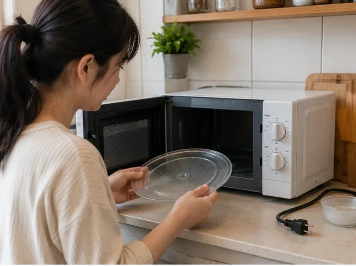 女子在廚房將舊微波爐的玻璃轉盤取出，準備清空設備後安排回收