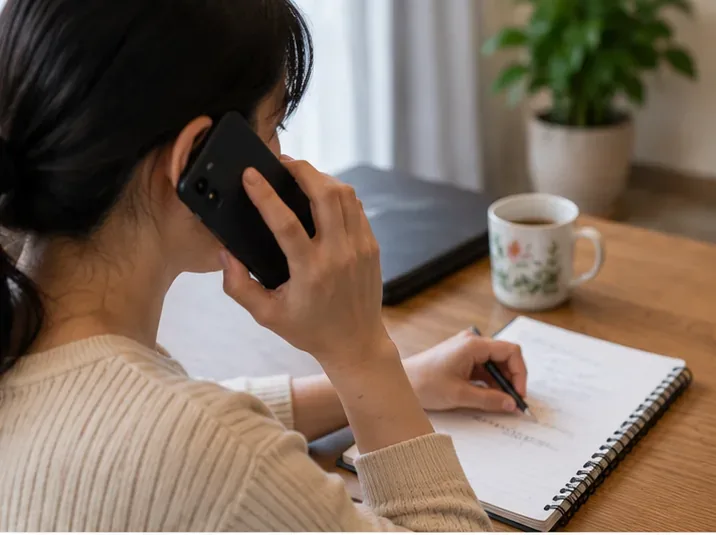 女子打電話詢問舊微波爐清運方式，同時在筆記本記下收運時間與注意事項