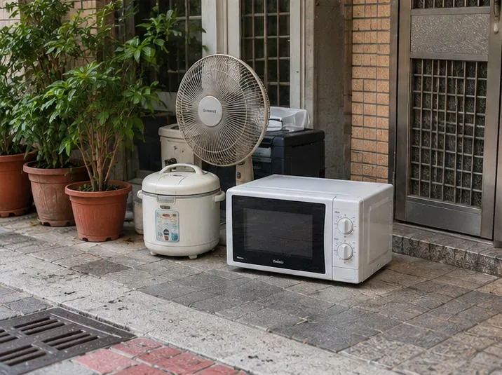 舊微波爐與其他待處理小家電暫放在住宅門口，等待已約定的清運時間