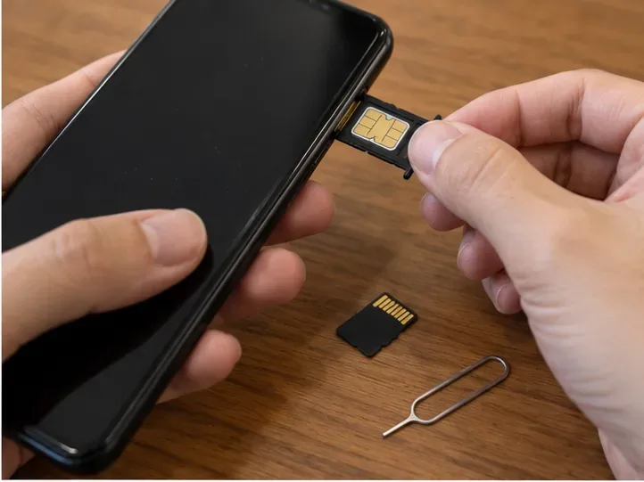 使用者從舊手機取出 SIM 卡托盤，桌面上放著記憶卡與退卡針