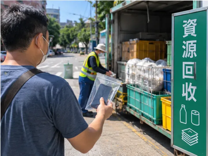 民眾手持裝有舊手機的透明袋，準備交給標示資源回收的回收車工作人員
