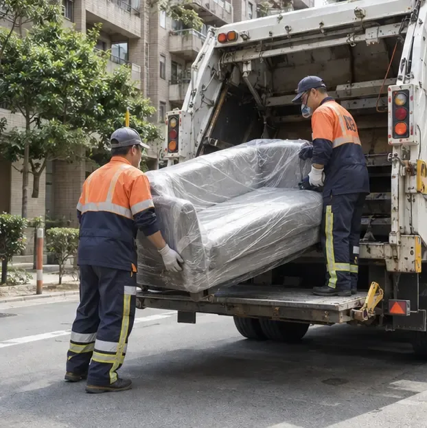 清運人員將包覆好的舊沙發安全裝上大型廢棄物清運車