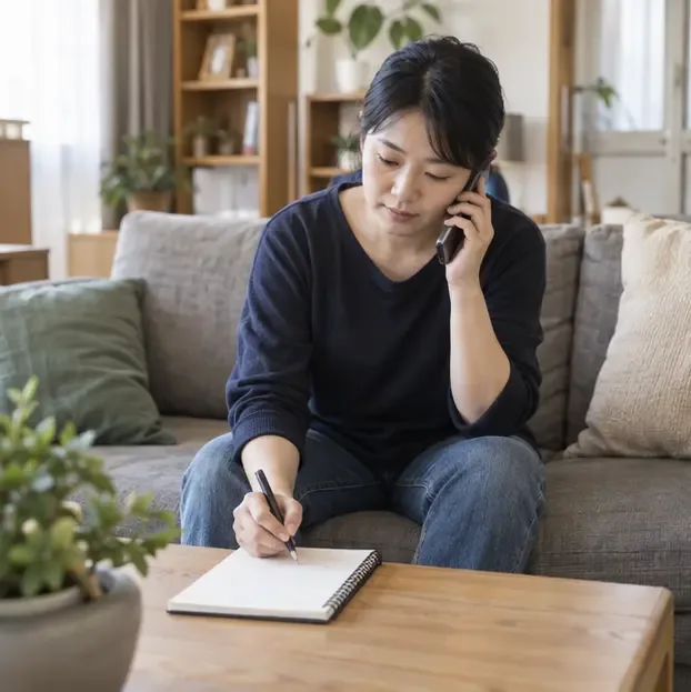 住戶坐在沙發旁打電話並把清運資訊記在筆記本上