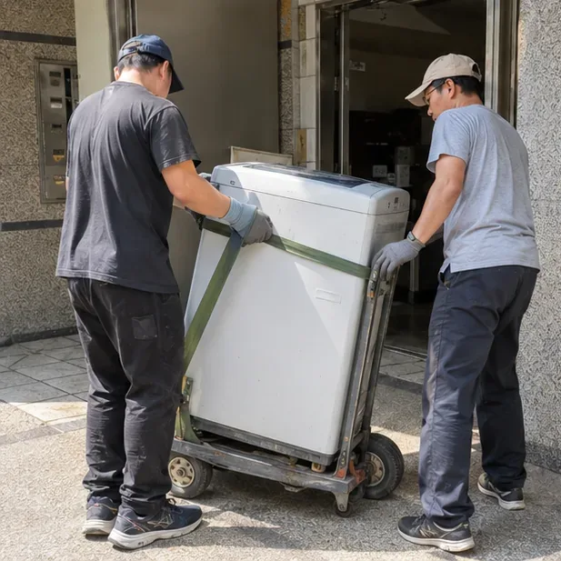 兩名工作人員使用手推車與固定帶，將洗衣機直立搬出住家。