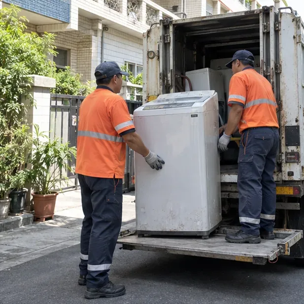 穿著反光工作服的回收人員在住宅門口搬運洗衣機上車。