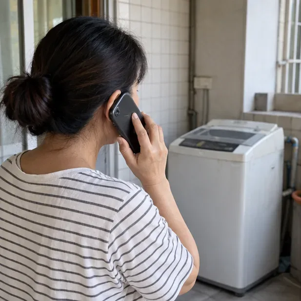 住戶在家中以電話聯絡清運服務，洗衣機放在通風且不阻礙通道的位置。