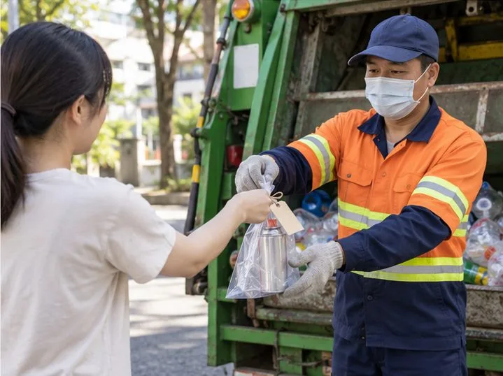 住戶將獨立包裝並繫有警語吊牌的小型瓦斯罐交給資源回收車旁的清潔隊員。
