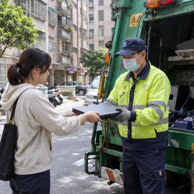 民眾將收妥的筆電交給資源回收車旁的清潔隊人員，準備依分類方式回收。