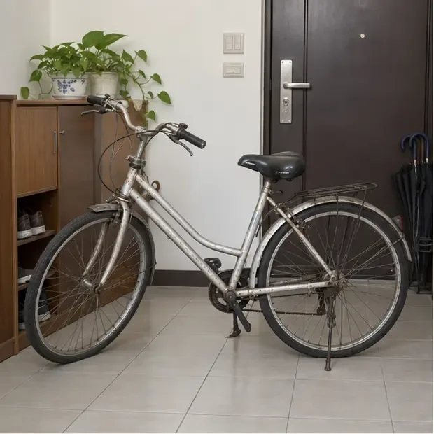 室內玄關旁放著一台老舊但完整的傳統腳踏車，正準備進行再利用或回收判斷