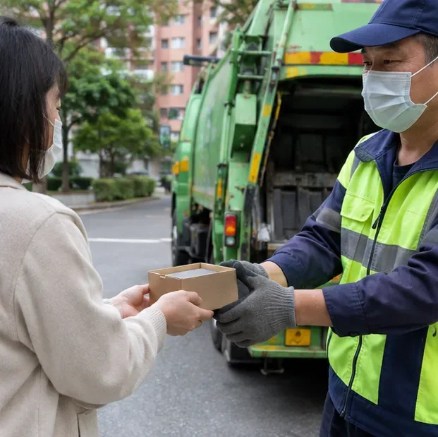民眾將裝在紙盒中的行動電源交給資源回收車旁穿著反光制服的工作人員