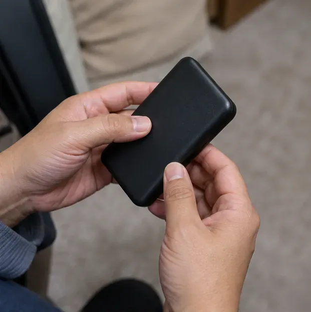 雙手拿著一顆外觀完整的黑色行動電源檢視表面，沒有拆開或使用工具
